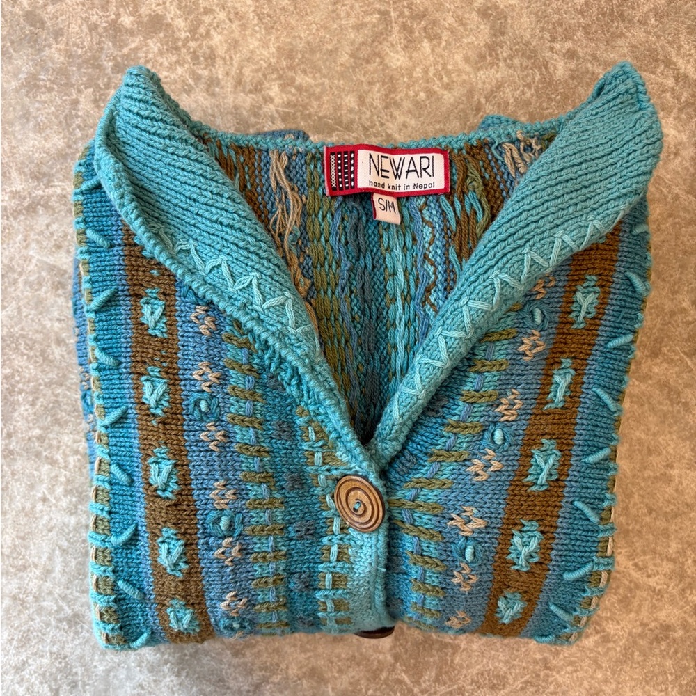Green/blue cotton cardigan- hand knit in Nepal- size S/M - Picture 7 of 9
